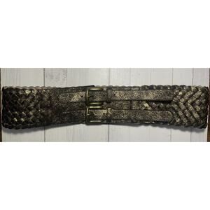 Wide Leather Gold/Black Metallic Braided Double Buckle Belt. Size 1X Retro 80’s